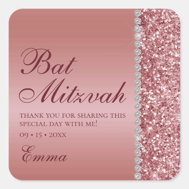 Sticker Carré Bat mitzvah de Parties scintillant rose Gold (Devant)