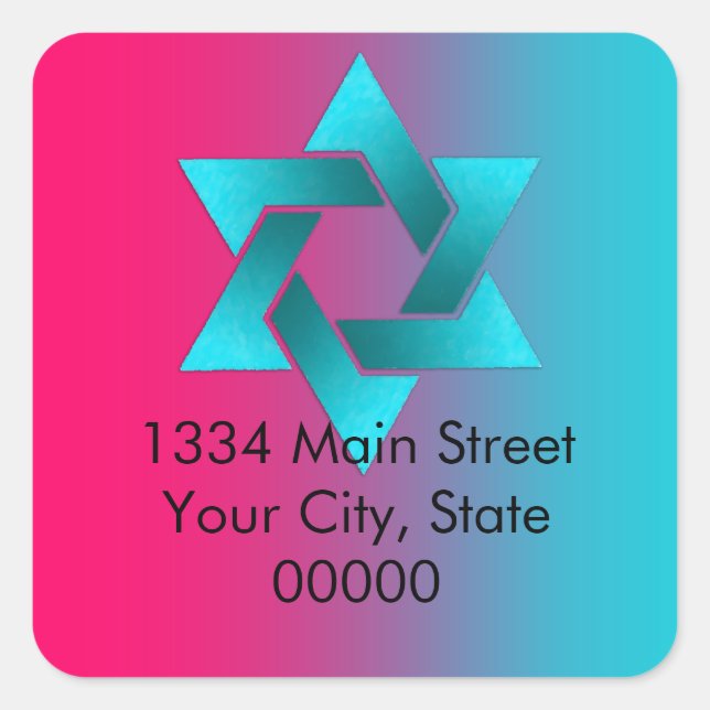 Sticker Carré Bat mitzvah Turquoise et rose Ombre Star de David (Devant)