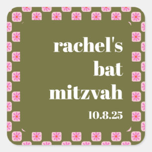 Sticker Carré Bat mitzvah vert rose rétro en carton fleuri