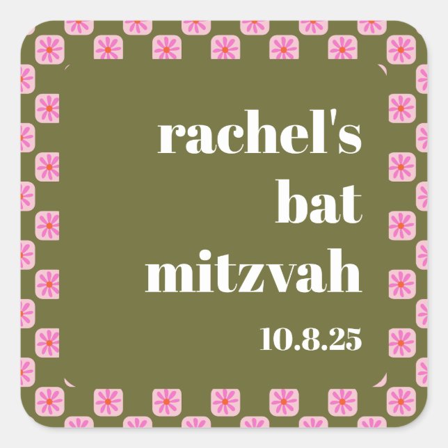 Sticker Carré Bat mitzvah vert rose rétro en carton fleuri (Devant)