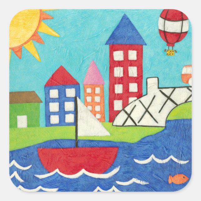 Sticker Carré Bateau à voile et ballon à air chaud avec Cityscap (Devant)