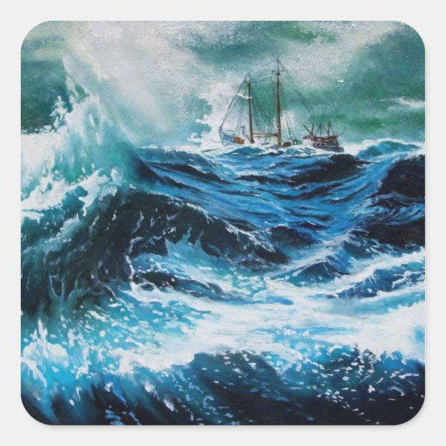 Sticker Carré Bateau dans la mer dans la tempête (Devant)