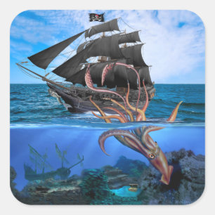 Sticker Carré Bateau de pirates contre calmar géant