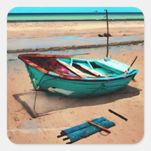 Sticker Carré Bateau déserté sur la mer Rive AI Art