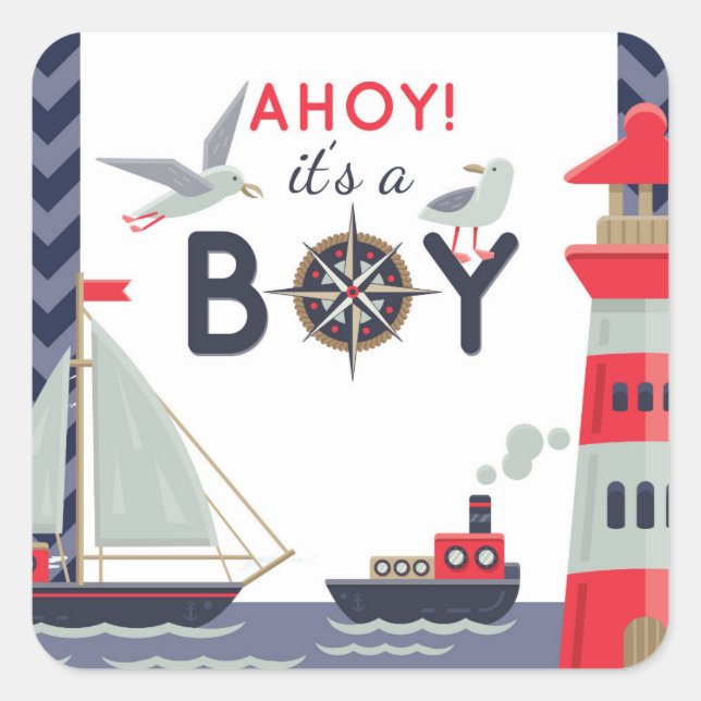 Sticker Carré Bateau nautique Ahoy Baby Boy Shoy Invitation (Devant)