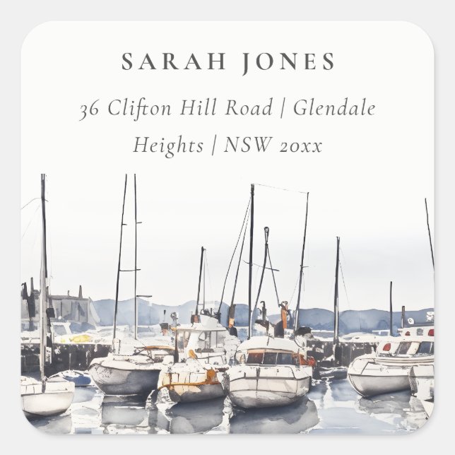 Sticker Carré Bateaux côtiers en boue à Harbour Seascape Adresse (Devant)