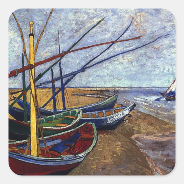 Sticker Carré Bateaux de pêche sur la plage (Devant)