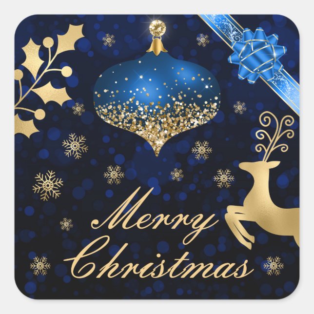 Sticker Carré Baube de Noël Blue & Gold Foil et ruban (Devant)
