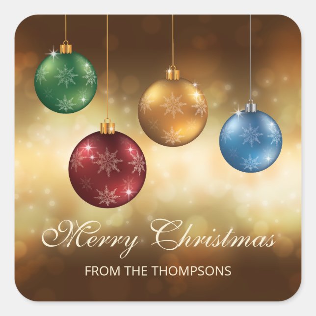 Sticker Carré Baubles De Noël Colorés Avec Texte Personnalisé (Devant)