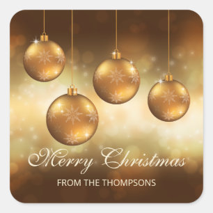 Sticker Carré Baubles de Noël Jaune Dorée Avec Texte Personnalis