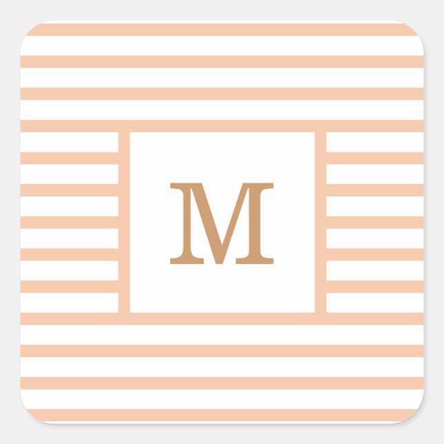 Sticker Carré Bbeige et blanc Rayures personnalisées Monogramme (Devant)