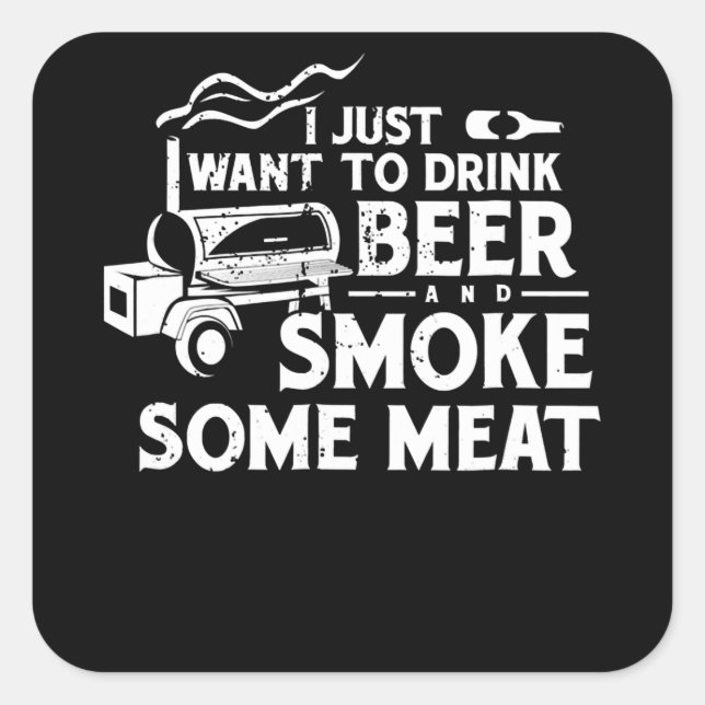 Sticker Carré BBQ Fumer Pitmaster Cadeau Boire Bière Fumer Viand (Devant)