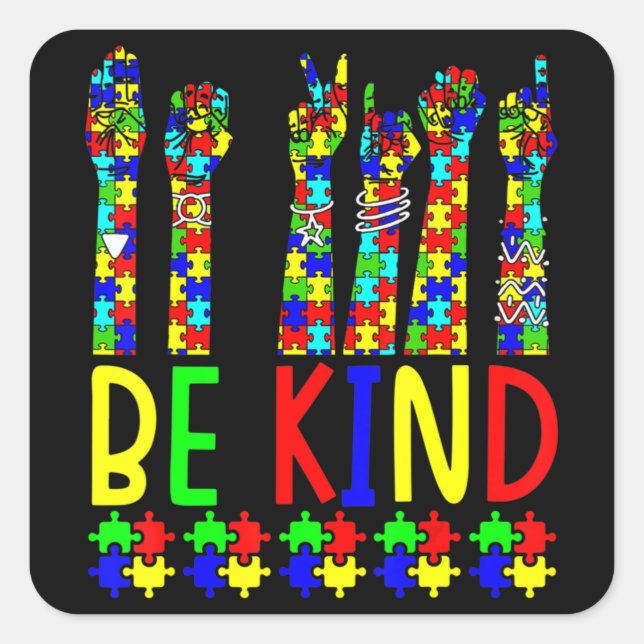 Sticker Carré Be Kind Hand Sign Language Puzzle Sensibilisation  (Devant)