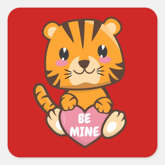 Sticker Carré "Be Mine" Tigre de la Saint Valentin (Devant)