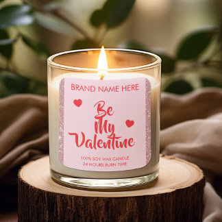 Sticker Carré Be My Valentine Custom Pink Candle Labels