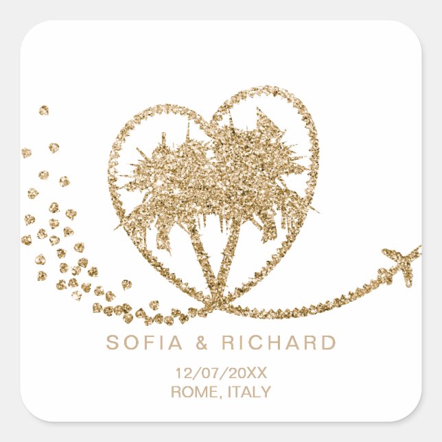 Sticker Carré Beach Palm Mariage Destination Passport Carte du m (Devant)