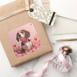 Sticker Carré Beagle avec Rose - Saint Valentin