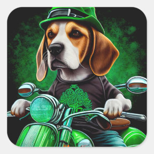 Sticker Carré Beagle Chien conduisant vélo St. Patrick's Day