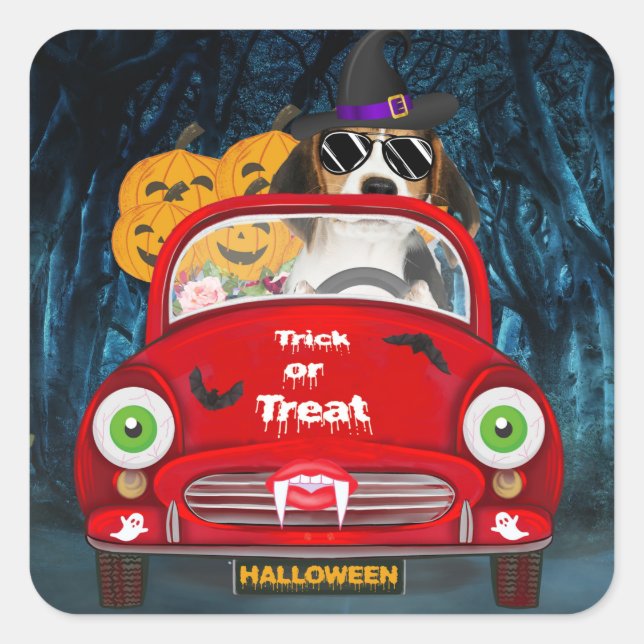 Sticker Carré Beagle Chien Conduite voiture effrayant (Devant)