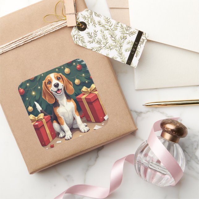 Sticker Carré Beagle Christmas Morning Gift-Unboxing Painting (Cadeaux)