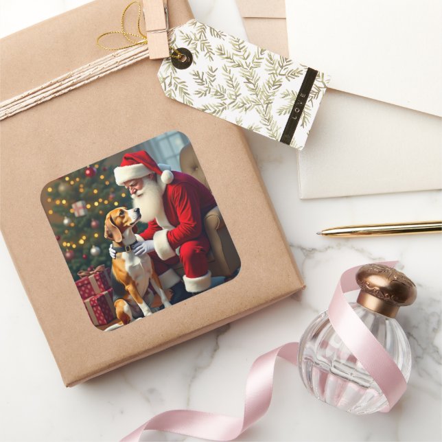Sticker Carré Beagle Meets Santa Christmas Painting (Cadeaux)