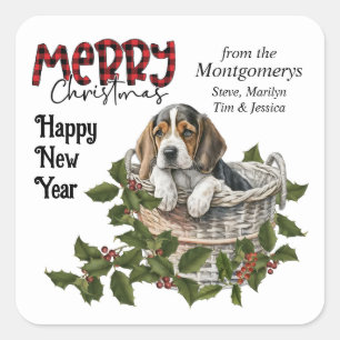 Sticker Carré Beagle Puppy Holly Panier Noël