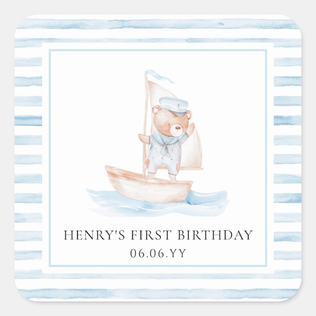 Sticker Carré Bear marin Bear Bleu Bleu Bande Anniversaire (Devant)