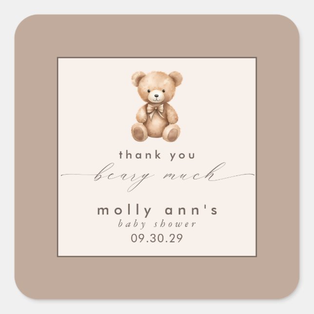 Sticker Carré Bearly Wait Neutral Baby shower simple Merci (Devant)