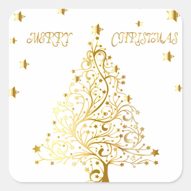 Sticker Carré Beau arbre de Noël en or métallique étoilé (Devant)