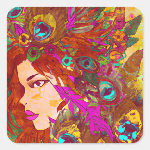 Sticker Carré Beau art Abstrait Femmes avec plumes