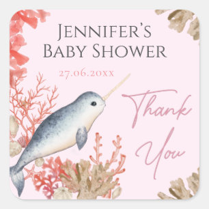 Sticker Carré Beau bébé Narwhal coquillage Baby shower Merci
