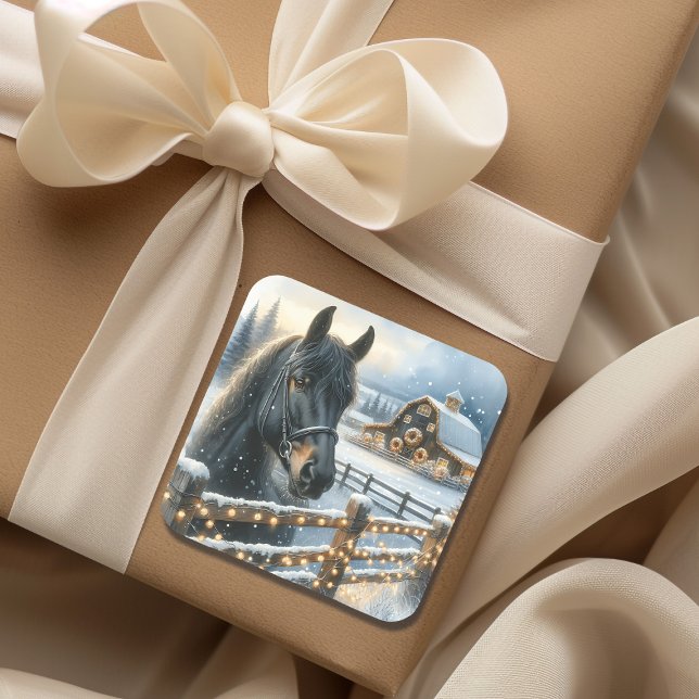 Sticker Carré Beau Cheval Noir Festif à la ferme Noël (Créateur téléchargé)