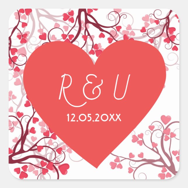 Sticker Carré Beau coeur mariage rouge et blanc (Devant)