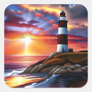 Sticker Carré Beau coucher de soleil et phare d'océan