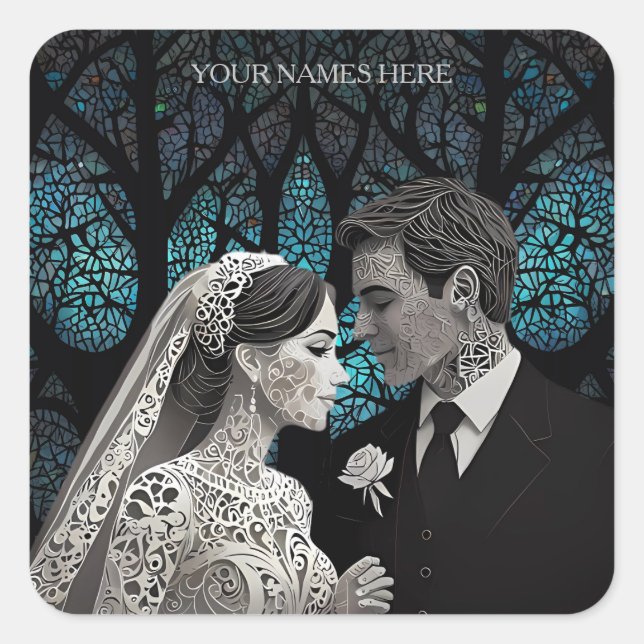 Sticker Carré Beau couple mariage sur un arbre de vie bleu (Devant)