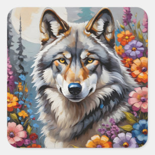 Sticker Carré Beau loup gris et fleurs