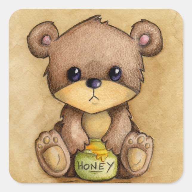 Sticker Carré Beau Ours Brown Avec Un Pot De Miel (Devant)