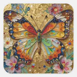 Sticker Carré Beau Papillon et Fleurs en Impasto