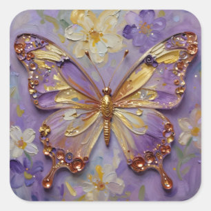Sticker Carré Beau Papillon Violet et Fleurs