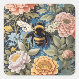 Sticker Carré Beau Pastel Floral et Bumblebee