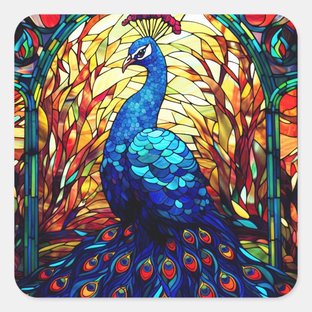 Sticker Carré Beau Peacock Vitrail Art de la faune (Devant)