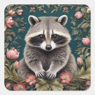 Sticker Carré Beau Racoon rose floral