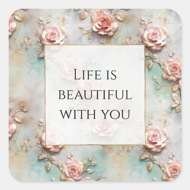Sticker Carré Beau Romantique Rose rose rose Roses romantiques (Devant)