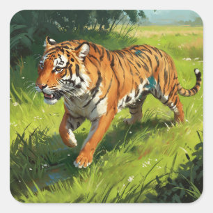 Sticker Carré Beau Tigre Orange Courir dans la Jungle
