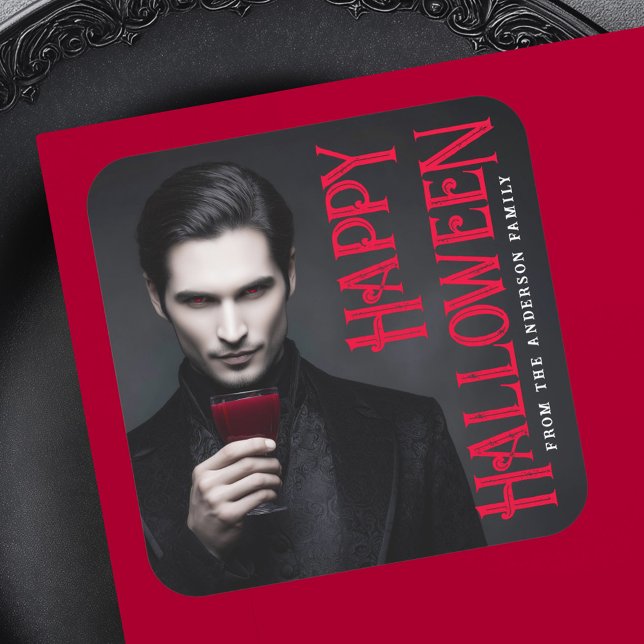 Sticker Carré Beau vampire boire du sang Happy Halloween (Handsome vampire drinking blood Happy Halloween Square Sticker)