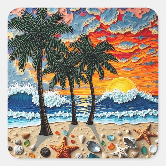 Sticker Carré Beautiful Beach Scene with Palm Trees (Devant)