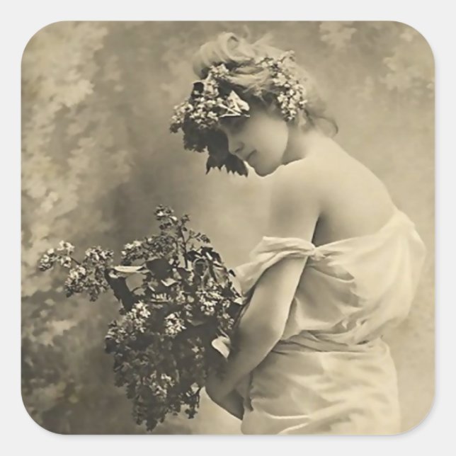 Sticker Carré Beautiful Victorian Lady with cut flowers (Devant)