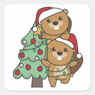 Sticker Carré Beaver Arbre de Noël Animaux de Noël Castors