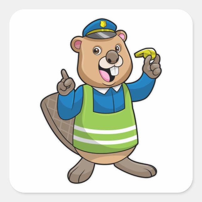 Sticker Carré Beaver en tant qu'agent de police avec sifflet (Devant)