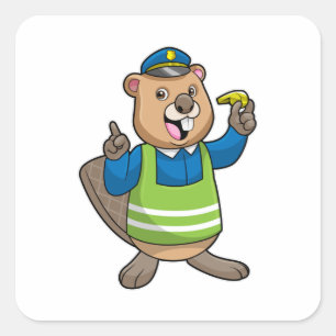 Sticker Carré Beaver en tant qu'agent de police avec sifflet
